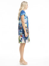Load image into Gallery viewer, Orientique Santorini printed organic cotton short sleeve crinkle woven dress, lightweight and easy fit for a casual summer look.