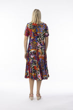 Load image into Gallery viewer, Orientique Salvador print crinkle short sleeve godet midi dress, floral design, lightweight fabric, stylish summer dress.