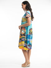 Load image into Gallery viewer, Orientique Boats Multi Colour Printed Cap Sleeve Organic Cotton Jersey Stretch Bubble Dress - Boutique on the Green