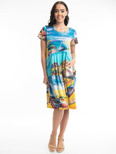Load image into Gallery viewer, Orientique Boats Multi Colour Printed Cap Sleeve Organic Cotton Jersey Stretch Bubble Dress - Boutique on the Green