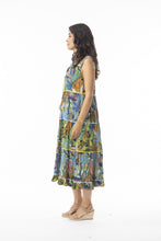 Load image into Gallery viewer, Orientique Tayrona sleeveless printed dress with open neck, tassels, and tiered organic cotton fabric, stylish and comfortable.