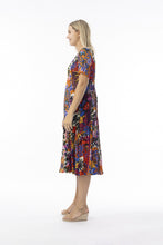 Load image into Gallery viewer, Orientique Salvador print crinkle short sleeve godet midi dress, lightweight summer dress with vibrant pattern and flowing design.