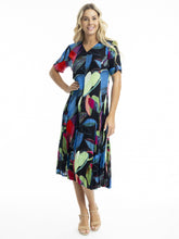 Load image into Gallery viewer, Orientique Seychelles print crinkle short sleeve godet midi dress, lightweight and flowy with vibrant tropical pattern.