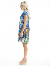 Load image into Gallery viewer, Orientique Santorini printed organic cotton short sleeve woven dress with a relaxed fit and crinkle texture, perfect for casual wear.