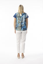 Load image into Gallery viewer, Orientique Tower Blue printed contemporary V-neck short sleeve organic cotton jersey T-shirt, front view, casual style.