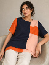 Load image into Gallery viewer, Foil 100% Linen Piece Of Puzzle Navy Mix Short Sleeve Woven Top TU5401