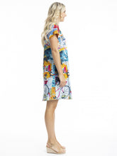 Load image into Gallery viewer, Orientique Florida printed organic cotton short sleeve jersey T-shirt dress, lightweight and comfortable summer dress with vibrant pattern.