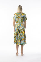 Load image into Gallery viewer, Orientique Amalfi print crinkle short sleeve godet midi dress, lightweight and stylish women's dress with vibrant pattern.