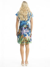 Load image into Gallery viewer, Orientique Santorini printed organic cotton short sleeve dress with a relaxed fit and crinkle woven texture.