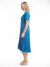 Load image into Gallery viewer, Orientique Dobby Spot Nautical Blue Crinkle Short Sleeve Godet Midi Dress - Boutique on the Green