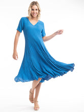 Load image into Gallery viewer, Orientique Dobby Spot Nautical Blue Crinkle Short Sleeve Godet Midi Dress - Boutique on the Green