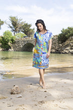 Load image into Gallery viewer, Orientique Okayama organic cotton patch shift dress with colorful patchwork, sleeveless design, and relaxed fit.