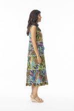 Load image into Gallery viewer, Orientique Tayrona sleeveless organic cotton dress with open neck, tassels, and tiered print, perfect for casual summer wear.