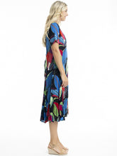 Load image into Gallery viewer, Orientique Seychelles print crinkle short sleeve godet midi dress, lightweight and stylish women's dress with vibrant tropical pattern.