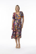 Load image into Gallery viewer, Orientique Salvador print crinkle short sleeve godet midi dress, lightweight with colorful floral pattern and flowing silhouette.