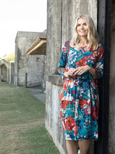 Load image into Gallery viewer, Orientique Apollo blue and red mixed cotton jersey dress with 3/4 sleeves and panel bubble design, casual and comfortable.