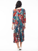 Load image into Gallery viewer, Orientique Apollo Blue & Red Mix Printed Crinkle 3/4 Sleeve Godet Midi Dress - Boutique on the Green