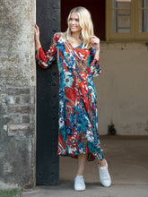 Load image into Gallery viewer, Orientique Apollo Blue & Red Mix Printed Crinkle 3/4 Sleeve Godet Midi Dress - Boutique on the Green