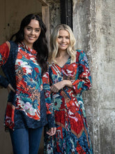 Load image into Gallery viewer, Orientique Apollo Blue & Red Mix Printed Crinkle 3/4 Sleeve Godet Midi Dress - Boutique on the Green
