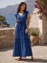 Load image into Gallery viewer, BYoung Joella Printed Frill Sleeve V Neck Drawstring Waist Tiered Maxi Dress