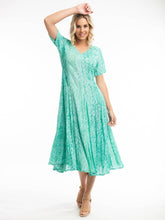 Load image into Gallery viewer, Orientique Olympus Blue Print Crinkle Short Sleeve Godet Midi Dress - Boutique on the Green
