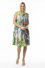 Load image into Gallery viewer, Orientique blue printed organic cotton dress with pleated front and crinkle fabric, featuring leaf pattern design.