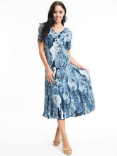 Load image into Gallery viewer, Orientique Agios Blue Palm Print Crinkle Short Sleeve Godet Midi Dress, lightweight summer dress with vibrant tropical pattern.