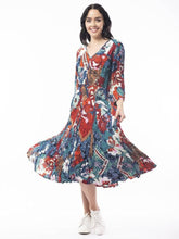 Load image into Gallery viewer, Orientique Apollo Blue & Red Mix Printed Crinkle 3/4 Sleeve Godet Midi Dress - Boutique on the Green