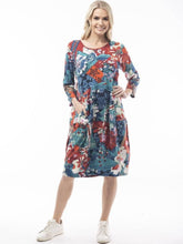 Load image into Gallery viewer, Orientique Apollo blue and red mixed cotton jersey bubble dress with 3/4 sleeves and panel design, casual and stylish.