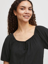 Load image into Gallery viewer, Black BYoung Joella short sleeve gypsy style blouse with front tie detail, featuring bohemian-inspired design and flowy fabric.
