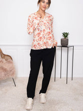 Load image into Gallery viewer, BYoung Joella printed long sleeve blouse with button front, open collar, and cuff details, featuring a stylish pattern.