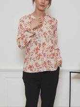 Load image into Gallery viewer, BYoung Joella printed long sleeve blouse with open collar and button front, featuring cuff details and Italian straw mix fabric.