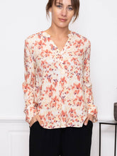 Load image into Gallery viewer, BYoung Joella printed long sleeve blouse with open collar, button front, and cuff details, featuring a stylish Italian straw pattern.