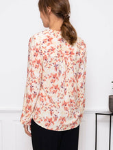 Load image into Gallery viewer, BYoung Joella printed long sleeve blouse with button front, open collar, and cuff details, featuring a stylish Italian straw mix pattern.