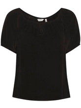Load image into Gallery viewer, Black BYoung Joella short sleeve gypsy style blouse with front tie detail, casual blouse with flowing design and relaxed fit.