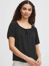 Load image into Gallery viewer, Black BYoung Joella short sleeve gypsy style blouse with front tie detail, featuring a relaxed and bohemian-inspired design.