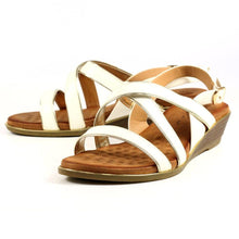 Load image into Gallery viewer, Lunar Arden White Strappy Wedge Open Toe Sandal With Gold Piping Detail - Boutique on the Green