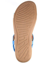Load image into Gallery viewer, Blue Lunar Feast ribbon and floral trim T-bar open toe sandals with elasticated back, stylish and comfortable footwear.