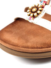 Load image into Gallery viewer, Lunar Feast blue T-bar open toe sandals with floral ribbon trim and elasticated back, stylish and comfortable for summer wear.