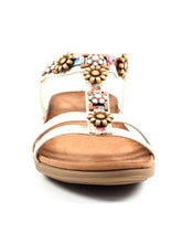 Load image into Gallery viewer, Lunar Feast white T-Bar open toe sandals with floral ribbon trim and elasticated back, stylish and comfortable for warm weather.