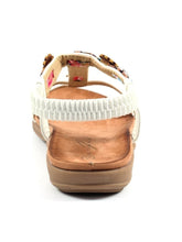 Load image into Gallery viewer, Lunar Feast white T-Bar open toe sandals with floral ribbon trim and elasticated back for a stylish, comfortable fit.