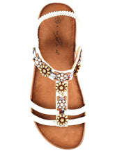 Load image into Gallery viewer, Lunar Feast white T-Bar open toe sandals with floral ribbon trim and elasticated back, stylish and comfortable footwear for women.