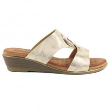 Load image into Gallery viewer, Lunar Manby metallic gold double strap wedge mule with hoop front and open toe, stylish slip-on footwear for women.