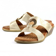 Load image into Gallery viewer, Lunar Manby metallic gold wedge mules with double straps, hoop front, slip-on open toe design, perfect for stylish summer wear.