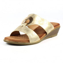 Load image into Gallery viewer, Lunar Manby metallic gold wedge mules with double straps, hoop front, slip-on open-toe design, and white wedge heel.