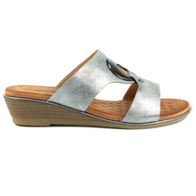 Load image into Gallery viewer, Lunar Manby metallic gold wedge mules with double straps, hoop front, open toe, slip-on design, perfect for stylish casual wear.