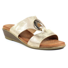 Load image into Gallery viewer, Lunar Manby metallic gold wedge mules with double straps, hoop details, open toe, slip-on design, perfect for stylish summer wear.