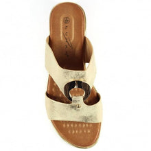 Load image into Gallery viewer, Lunar Manby metallic gold wedge mules with double straps, hoop front, slip-on open toe design, stylish footwear for women.