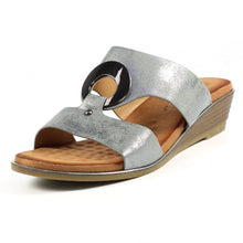 Load image into Gallery viewer, Lunar Manby metallic gold wedge mules with double straps, hoop front, slip-on open toe design, perfect for stylish summer wear.