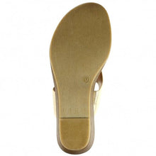 Load image into Gallery viewer, Lunar Manby metallic gold wedge mule with double straps, hoop accents, open toe, slip-on design, 3-inch wedge heel.